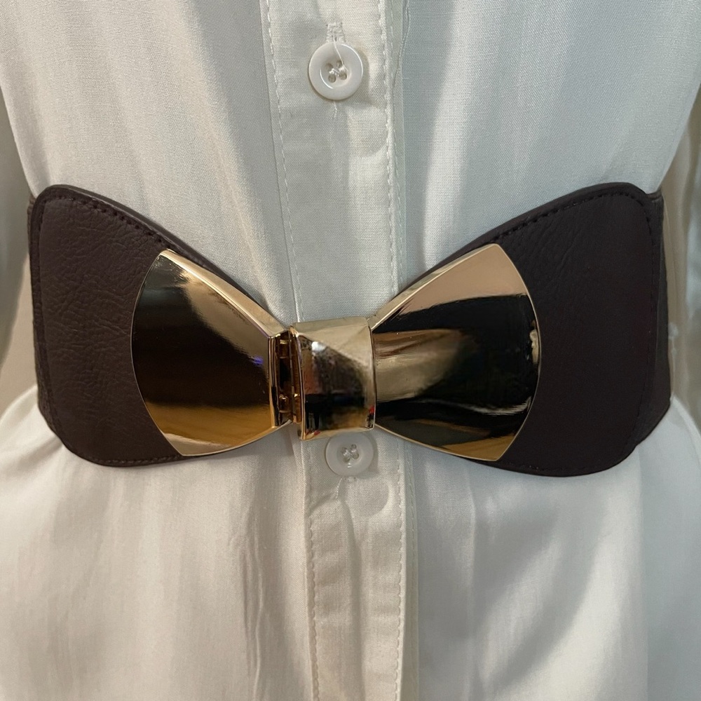 Dark brown gold tone bow buckle elastic waistband belt